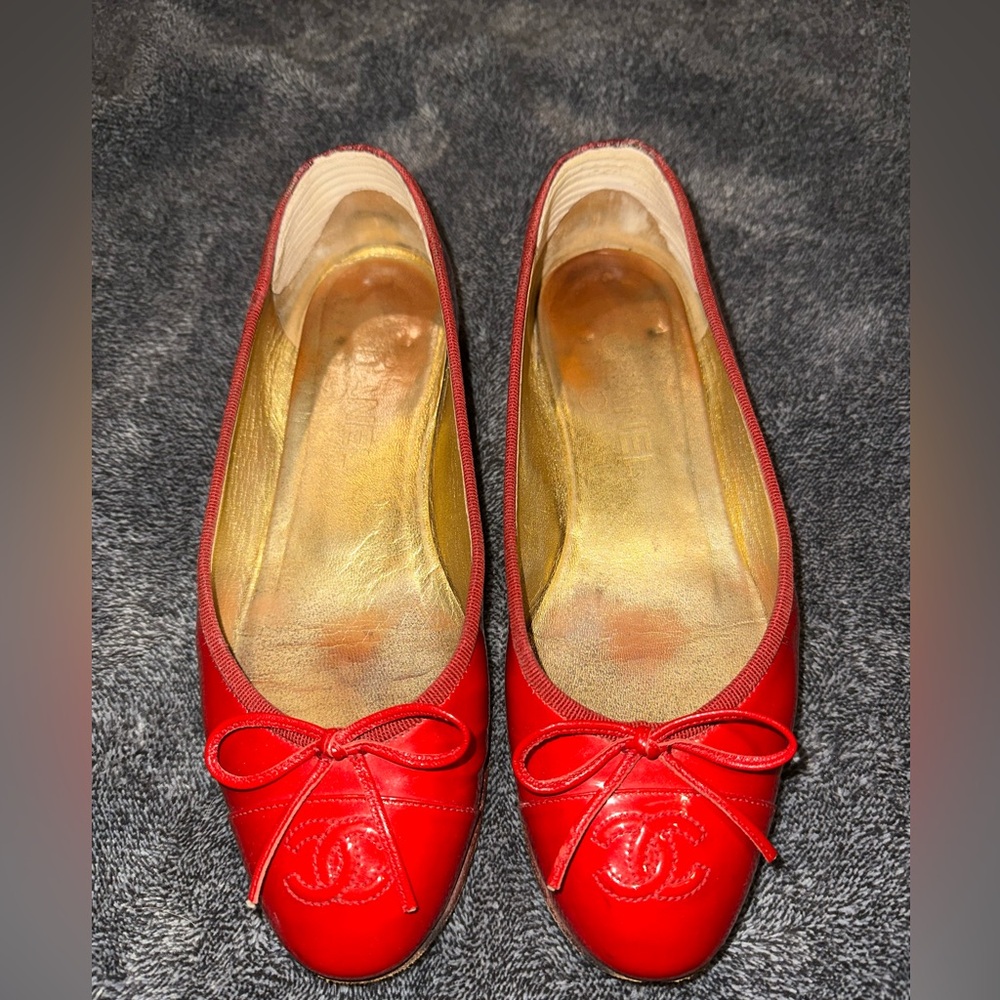 Chanel Red Leather Ballet Flats